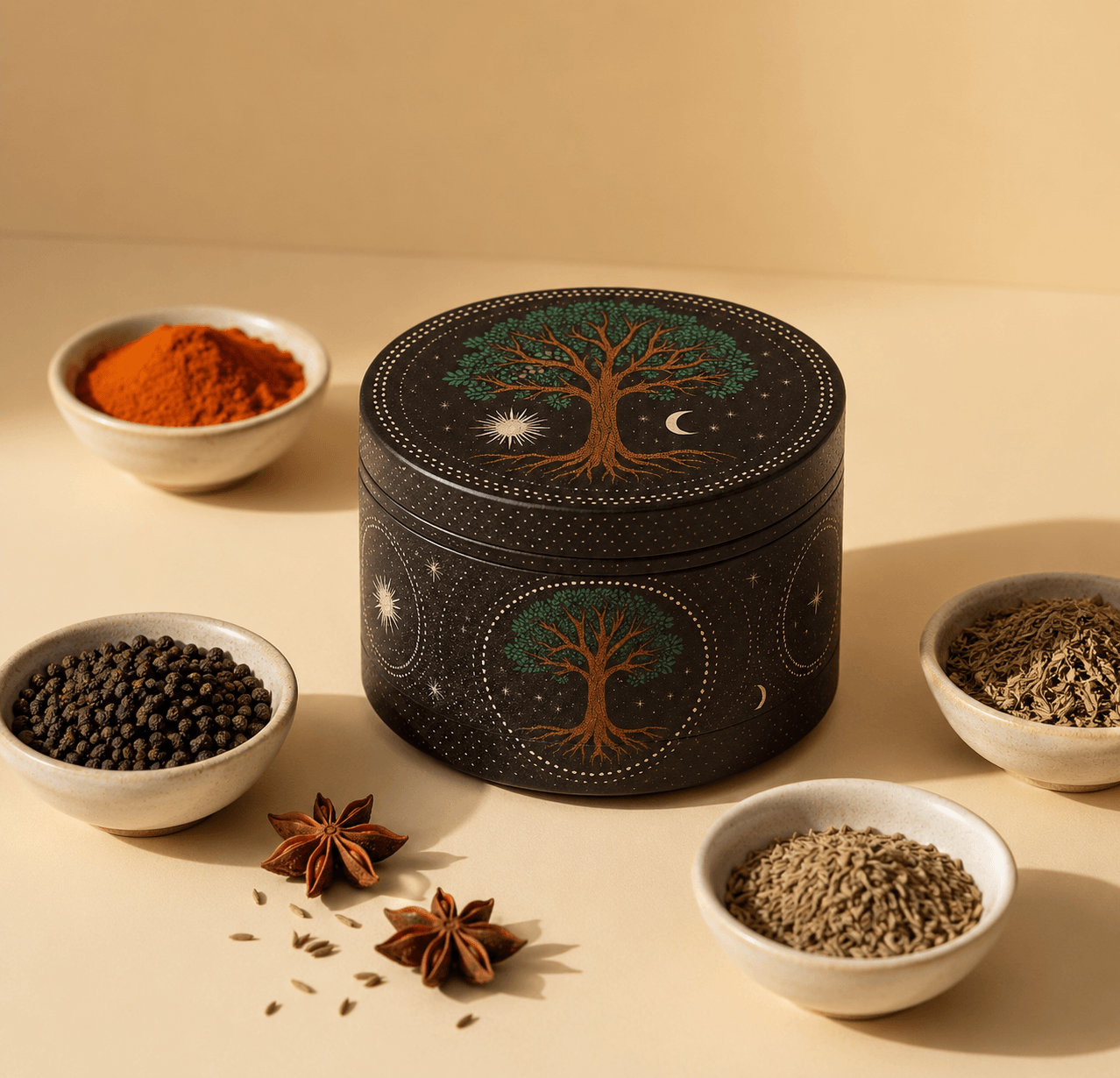 Spice grinder, portable fan, and warm kitchen objects